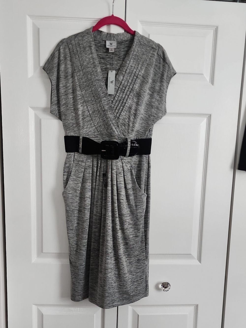 Worthington Heather Gray Wrap-Style Midi Dress with Black Belt